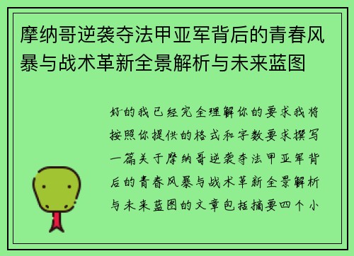 摩纳哥逆袭夺法甲亚军背后的青春风暴与战术革新全景解析与未来蓝图